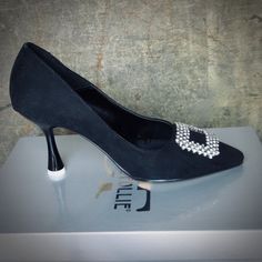 This Is A Brand New With Original Box Of Black Suede Party Pumps With A Snazzy Rhinestone Buckle. Us Size 5 (Eu Size 35) With Approximately A 3 1/2" Heel Height. I Bought These For Myself And The Box Says Size 36 But Inside The Shoes Were Actually 35, So Too Small For Me. But They Are Very Pretty And Marked Divine Follie, Made In Italy. Never Worn, Just Tried On. Chic Fitted Heels With Rhinestones, Elegant Heels With Rhinestones For Night Out, Chic Evening Heels With Rhinestones, Chic Rhinestone Evening Heels, Evening Formal Heels With Rhinestones, Party Pumps, Black Dress Shoes, Black Suede, Shoes Women Heels