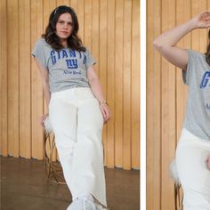 two photos of a woman in white pants and grey shirt with her hand on her head