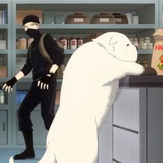 a man standing in front of a counter next to a giant white dog with his head on the counter