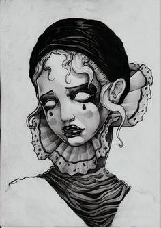 a black and white drawing of a woman's face with her hair pulled back