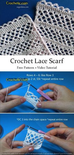 the crochet lace scarf is shown with instructions to make it look like they have been