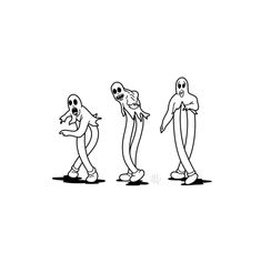 three cartoon figures are walking in the same direction