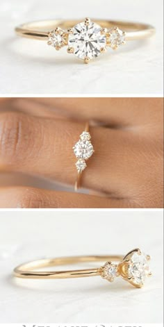 three different views of an engagement ring with diamonds on the side and in between them