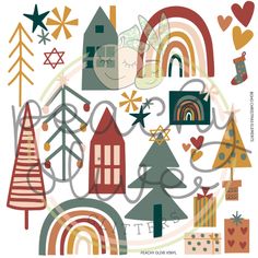 an illustration of christmas trees, houses and other holiday items in various colors on a white background