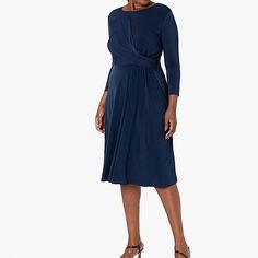 Navy Women’s London Times Dress - Nwt - 14w Bought Full Price And Missed Return Date Jewel Neck, Faux Wrap Side Front Gathering Detail Above Waist, Hits Just Below Knee (On Me), Skirt Has Gathering At Side Of Waist. Center Back Hidden Zipper Closure. Dress: 95% Polyester, 5% Spandex. Lining: 100% Polyester First Three Photos Are Stock Photos Followed By Actual Item Photos Elegant Blue Midi Dress With Gathered Waist, Side Ruched Dress, Jewel Neck, Ruched Dress, Navy Women, Navy Color, Hidden Zipper, Midi Dress, Spandex