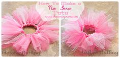 two pictures of pink tulle flowers with the words how to make a no sew tutu