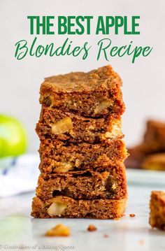 the best apple blondies recipe is stacked on top of each other with apples in the background