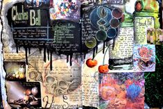 a collage of pictures and writing on a wall with skulls, pumpkins, jars and other items