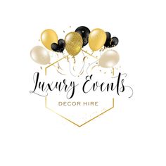 the luxury event decor hire logo with gold, black and white balloons in front of it