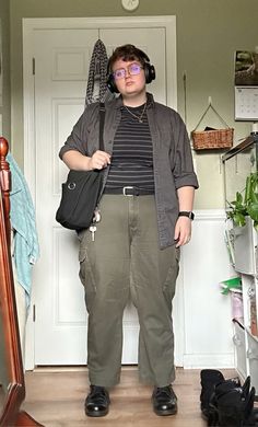 with a bag to spice things up  #transmasculine #fat #plussizeoutfits #fatbutch #fattrans #outfits #fatoutfit Hobbit Fashion Inspired Outfits, Masculine Outfits Plus Size, Plus Size Transmasc Fashion, Plus Sized Dark Academia, Earthy Outfits Masc, Fat Butch Fashion