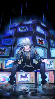 an anime character is sitting on the floor in front of televisions with their arms spread out