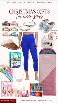 a woman in blue leggings standing next to some items