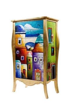 an artistic painted cabinet with gold trim