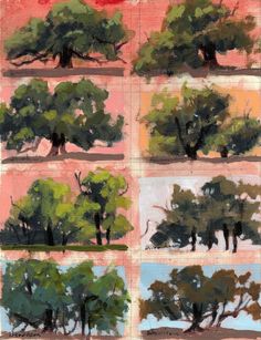 four different types of trees are shown in this painting