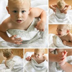 a collage of photos shows a baby in a white dress with his hands on the chest