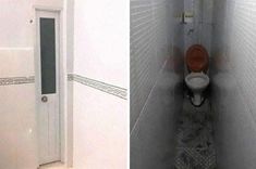 two pictures side by side one has a toilet and the other has a door