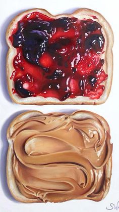 two peanut butter and jelly sandwiches on white bread