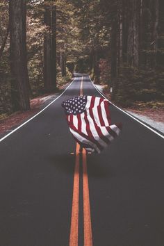 an american flag laying on the side of a road with trees in the background,