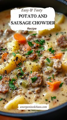 Warm up with a hearty Potato and Sausage Chowder! This creamy, comforting soup is loaded with tender potatoes, savory sausage, and a rich blend of herbs. Perfect for cozy dinners or meal prepping, it’s a quick and easy recipe that’s sure to satisfy. #PotatoSausageChowder #ComfortFood #EasySoupRecipes Healthy Sausage Potato Soup, Dairy Free Sausage Potato Soup, Granny’s Hearty Potato Soup, Potato Soup Chowder, Whole 30 Sausage Soup, Ham Sausage Potato Soup, Creamy Sweet Potato And Sausage Soup, Soup Sausage Potato, Sausage Coconut Milk Soup