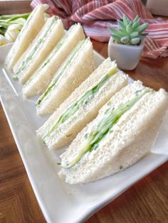 several sandwiches are arranged on a white plate with succulents in the background