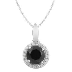 "With a round-cut black diamond center stone encompassed by round-cut white diamond accents in a halo motif, these 10K white gold button pendant necklace simply elegant. With a round-cut black diamond center stone encompassed by round-cut white diamond accents in a halo motif, these 10K white gold button pendant necklace simply elegant. Chain length: 18 in. Chain type: rope Metal: 10k white gold Finish: polished Packaging: boxedDIAMOND DETAILS Shape: round Setting: pave, prong Color: black, whit Black Round Halo Jewelry, Round Black Halo Jewelry, Black Halo Setting Round Cut Jewelry, Black Round Cut Halo Setting Jewelry, Black Jewelry With Round Cut Halo Setting, Elegant Black Round Diamond Necklace, Black Diamond Jewelry With Brilliant Cut, Black Diamond Necklaces For Anniversary, Anniversary Necklace With Black Diamonds