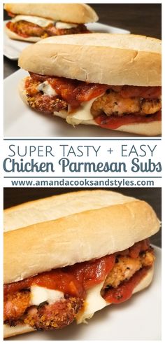 chicken parmesan sub sandwich on a white plate with the title super tasty and easy