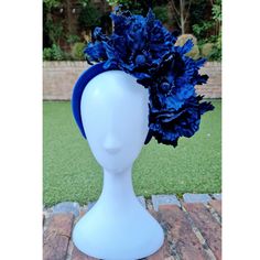 Bespoke Handmade Stunning Large Velvet Navy Blue Poppy Headpiece With Navy Velvet Forget Me Nots & Navy Velvet Leaves  In * Full * Bloom * Collection  From Statement Hats, Matching And Mixed Floral Velvet Padded Headbands, Block Coloured Feathered Headbands And Beaded Crowns - Perfect For An Elegant Yet A Bright Statement For Your Outfits To Weddings / Royal Ascot / Summer Garden Parties Or Just To Be Uniquely Different Formal Blue Fascinator With Handmade Flowers, Blue Handmade Flowers Headband, Blue Fitted Fascinator For Wedding, Blue Fitted Headpiece With Handmade Flowers, Fitted Blue Headpiece With Handmade Flowers, Blue Party Headpiece With Handmade Flowers, Royal Blue Wedding Fascinator, Blue Headband With Handmade Flowers, Fitted Handmade Flowers Headband For Wedding