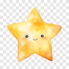 a yellow watercolor star with eyes on it's side, and the background is transparent