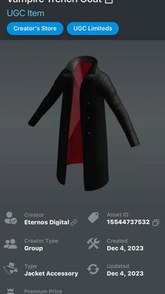 the vampire men's coat is shown in this screenshote screen shot from an iphone