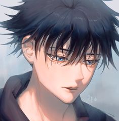 an anime character with black hair and blue eyes