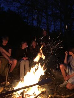 group of people sitting around a campfire at night with sticks sticking out of it