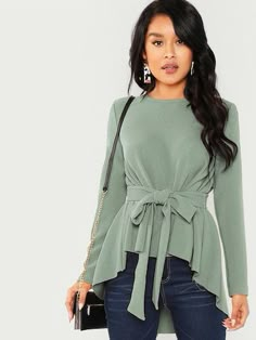 Asymmetrical Hem Top, Laced Up Shirt, Belt Top, Fashion Tops Blouse, Hijab Styles, Cute Winter Outfits, Peplum Blouse, Spring Shirts, Fashion Winter