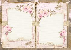 an open book with pink flowers and writing paper on the pages, in front of a textured background