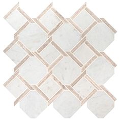 This Marbella Lynx Polished Marble Mosaic Floor and Wall Tile features uniquely-styled pieces of white Italian marble. It’s easy to install and is perfectly arranged on a 12 in. x 12 in. mesh-backed mosaic. This tile can add sophistication to a residential or commercial area with its high-sheen and smooth finish of genuine stone chips. The distinct pattern is certain to inject space-defining allure anywhere. It is recommended to blend tiles from different boxes as natural stone products can lack uniformity and are subject to variation in color, shade, finish, etc. Please inspect all tiles before installation; they may be characterized by dry seams and pits that are often filled. The filling can work its way out and it may be necessary to refill these voids as part of a normal maintenance p Stunning Countertops, Marble Mosaic Floor, Countertops White, Interlocking Design, Patterned Wall, Geometric Floor, Beige Tile, Beige Stone, Quartz Kitchen