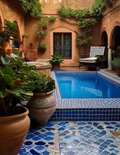 an indoor swimming pool surrounded by plants and potted plants on either side of it