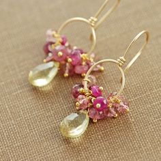 Briolette Earrings, Earring Inspiration, Gemstone Hoop Earrings, Quartz Pink, Yellow Gemstones, Beaded Jewelry Designs, Pink Gemstones