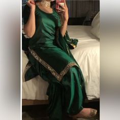 Great Condition, Only Wore Once! Fits Size Small And Medium -Silk Material Elegant Green Palazzo Set For Festive Occasions, Elegant Green Festive Palazzo Set, Fitted Tissue Silk Palazzo Set For Party, Silk Sets For Party With Traditional Drape, Formal Green Set With Mirror Work, Formal Silk Dupatta With Gota Work, Elegant Art Silk Dress With Gota Work, Formal Green Sharara For Diwali, Elegant Green Palazzo Set With Traditional Drape