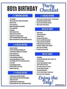 the 80th birthday checklist is shown in blue and white with text on it