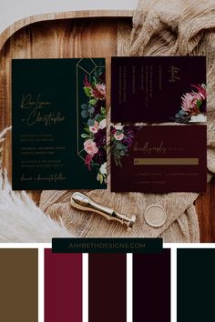 wedding stationery with burgundy, green and gold