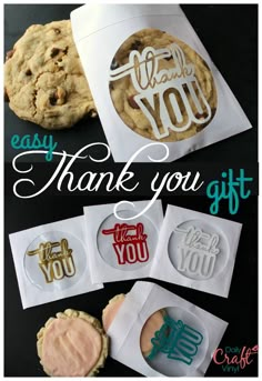 cookies and cookie cutters with the words thank you in different font styles on them