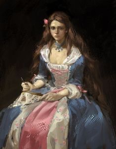 a painting of a woman in a blue and pink dress