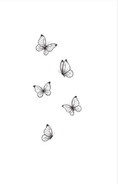 four butterflies flying in the air with one being drawn to look like it is coming out of