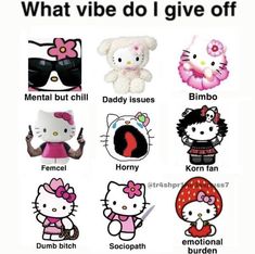 an image of hello kitty dolls with caption that says, what vibe do i give off?