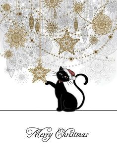 a christmas card with a black cat on it's back and gold ornaments hanging from the ceiling