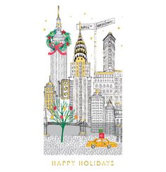 a christmas card with the words happy holidays in front of a cityscape and a yellow taxi