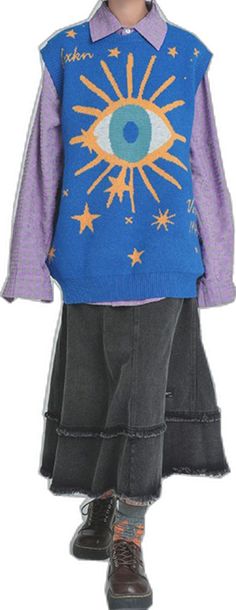 All-Seeing Eye & Stars Aesthetic Vest , eye sun and stars sweater purple blue Casual Graphic Print Vest For Fall, Casual Vest With Graphic Print For Fall, Aesthetic Vest, Aesthetic School Outfits, Knit Vests, Back To School Outfit Ideas, Stars Sweater, Stars Aesthetic, Outfits Back To School