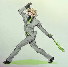 a drawing of a person in a suit holding a bat and wearing a green tie