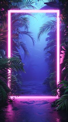 an image of a tropical scene with palm trees and pink neon lights in the background