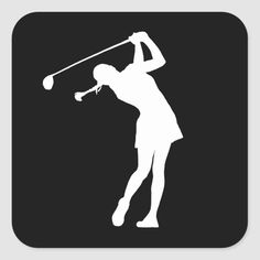 a white silhouette of a woman playing golf on a black square sticker with the word,