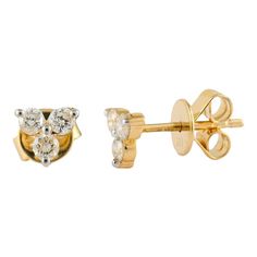 This is part of Chairish’s Fine Jewelry assortment.  Natural Three Diamond Pushback Stud Earrings in 18K Gold to make a statement with your look. You shall need stud earrings to make a statement with your look. These earrings create a sparkling, luxurious look featuring round cut diamonds. April birthstone diamond brings love, fame, success and prosperity. Designed with three round cut diamonds in each stud studded in solid gold. This beautiful handcrafted diamond stud earrings are great birthda Luxury Yellow Gold Cluster Earrings For Anniversary, Yellow Gold Brilliant Cut Cluster Drop Earrings, Luxury Yellow Gold Cluster Earrings With Brilliant Cut, Luxury Yellow Gold Cluster Earrings With Prong Setting, Hallmarked Yellow Gold Diamond Cluster Earrings, Yellow Gold Fine Jewelry Cluster Earrings For Anniversary, Fine Jewelry Yellow Gold Cluster Earrings For Anniversary, Pink Stud Earrings, Blue Stud Earrings